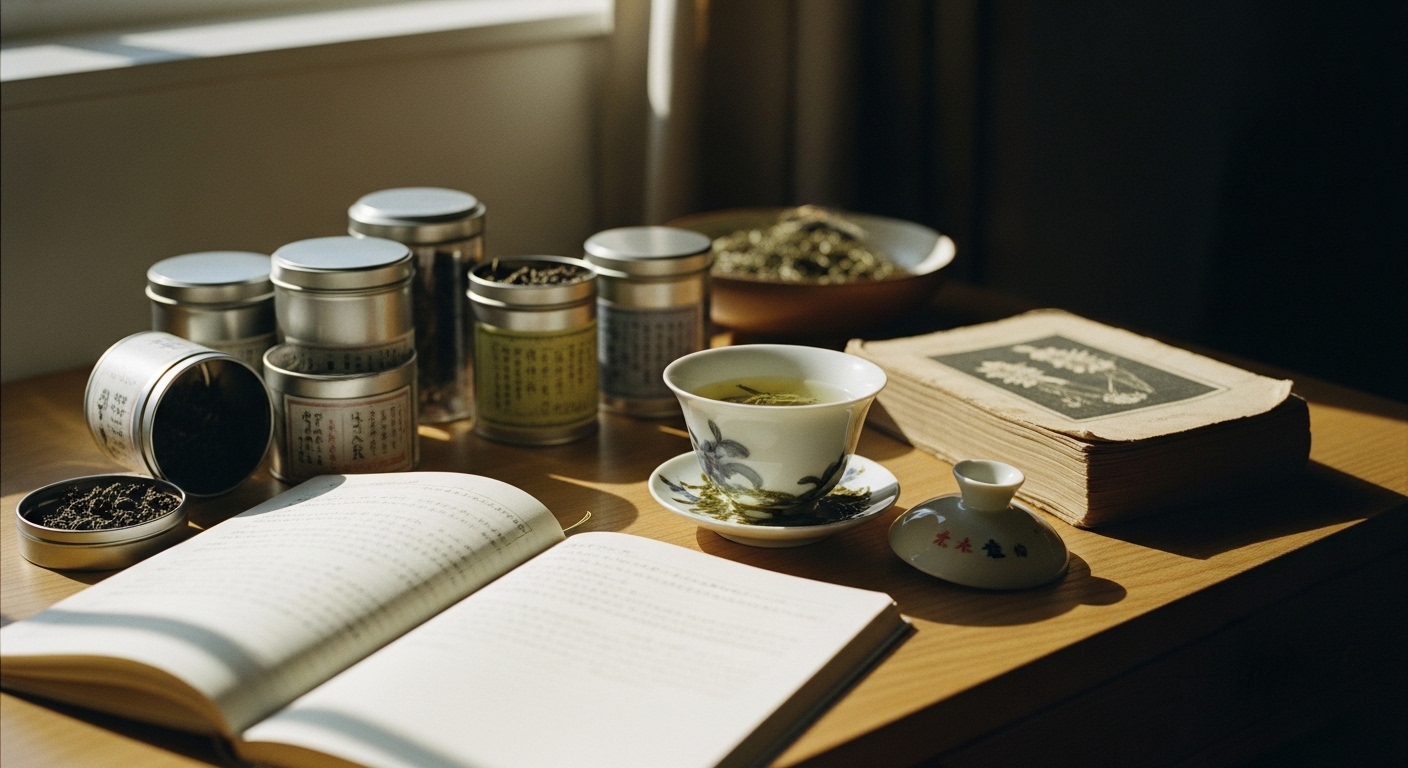 Tea research workspace with gaiwan, loose leaf tins, notebook, and tea books in warm natural light