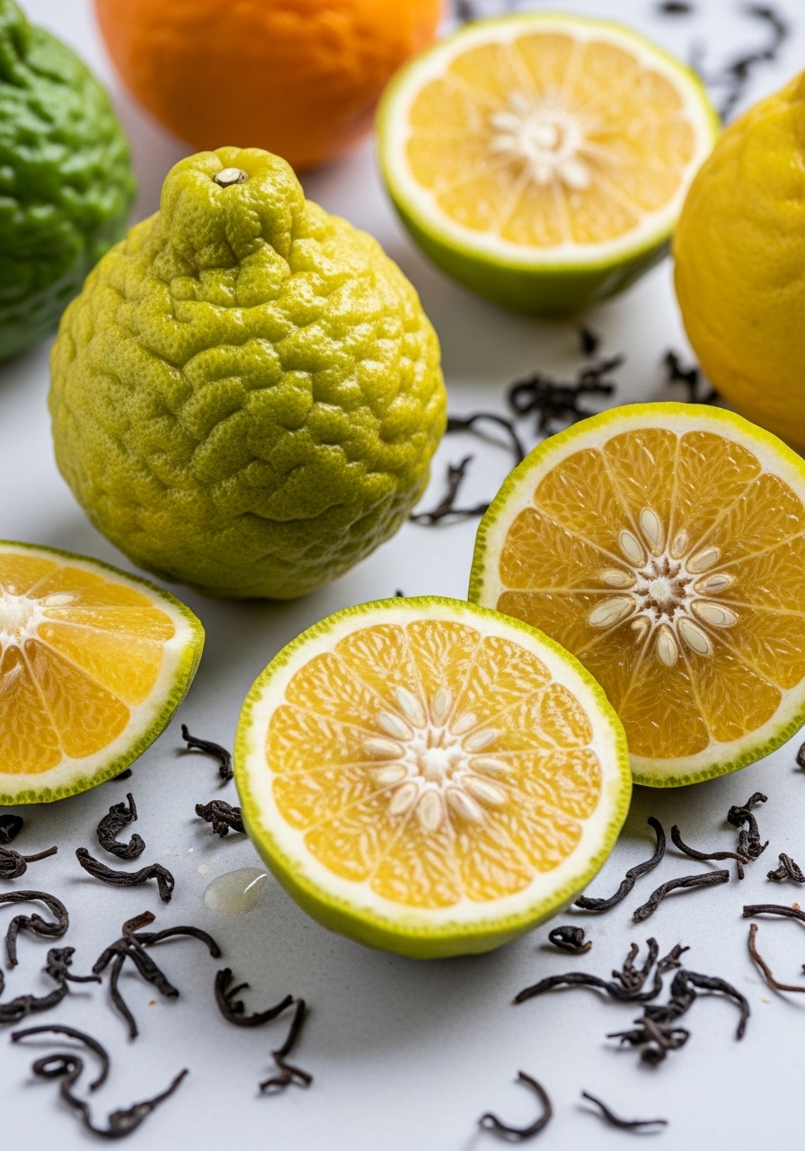 Bergamot oranges with scattered Earl Grey tea leaves