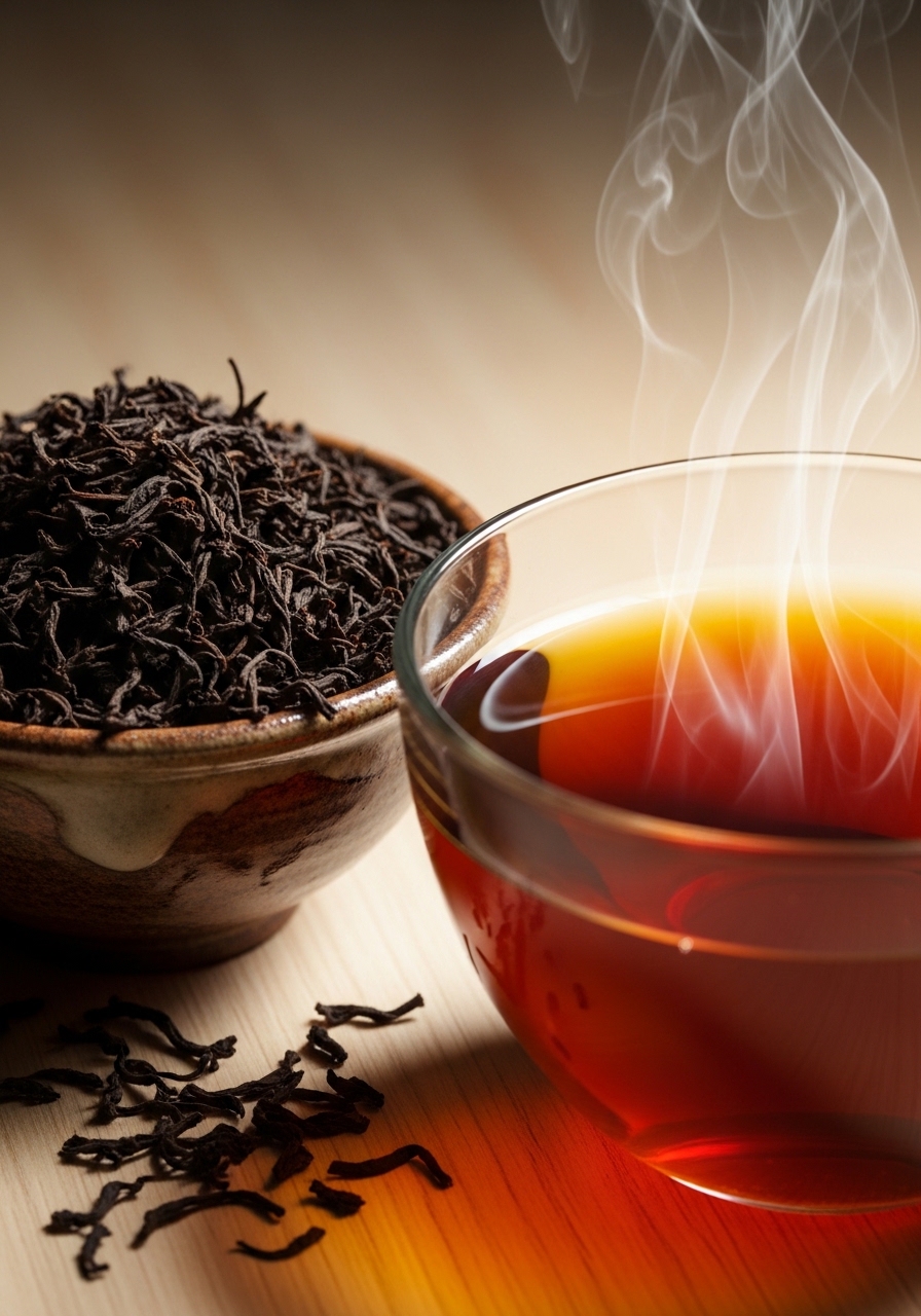 Loose-leaf black tea and a freshly brewed cup