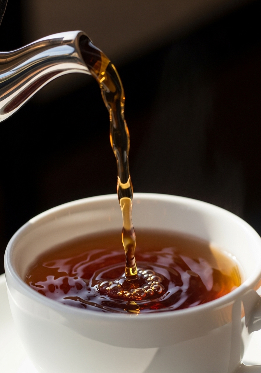 Black tea being poured into a white cup showing its rich amber color