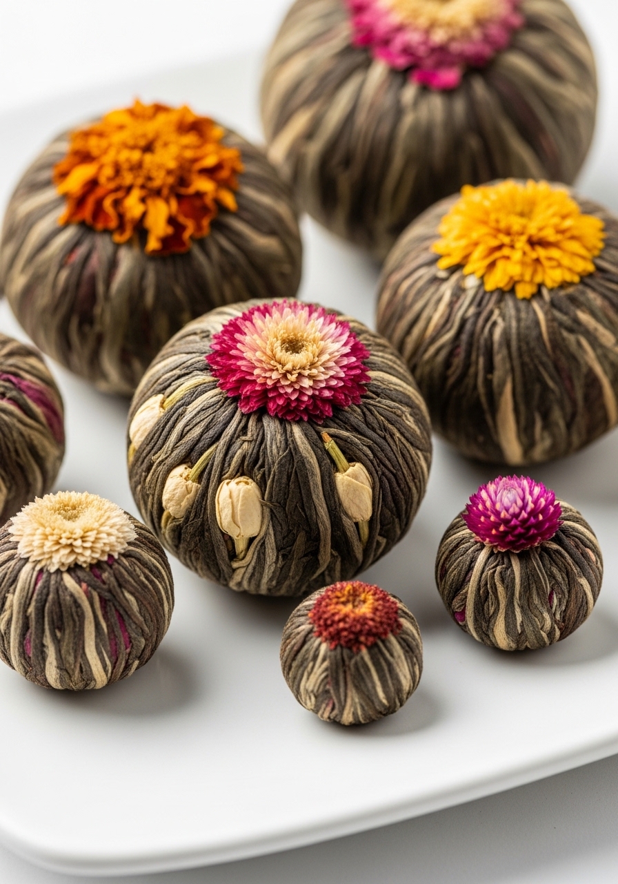 Dried blooming tea balls showing bundled tea leaves and flower petals