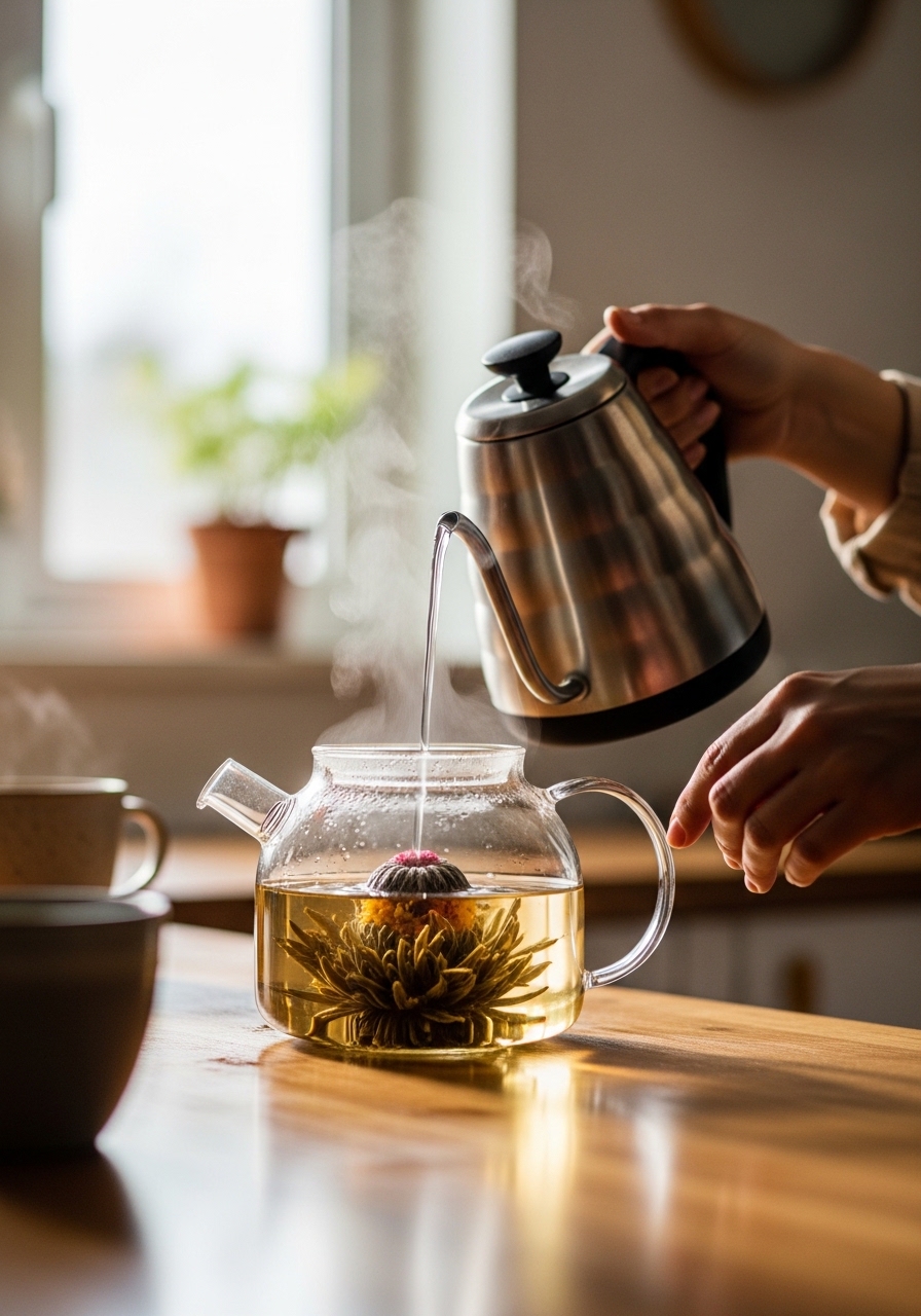 Pouring hot water over a blooming tea ball as it begins to unfurl