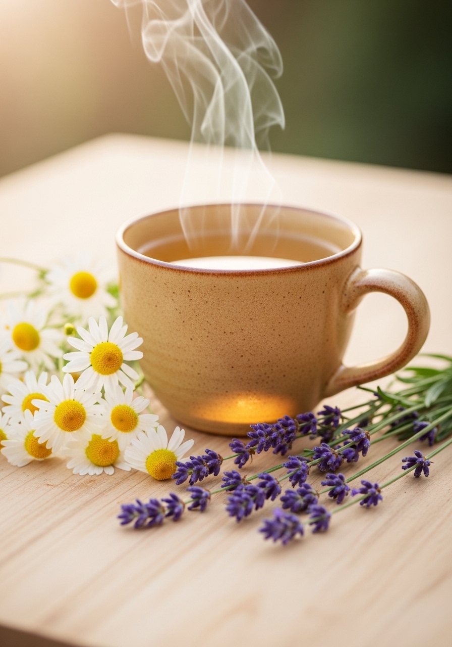 Chamomile and lavender next to a cup of caffeine-free herbal tea