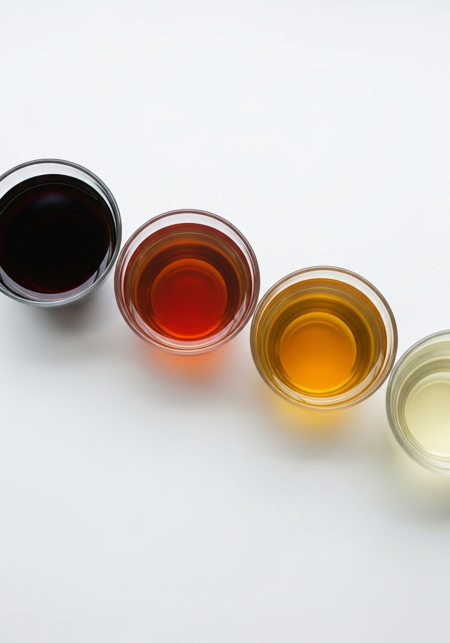 Four types of tea in glass cups showing different caffeine levels by color