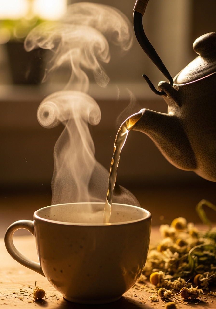 Pouring chamomile tea from a teapot before bedtime