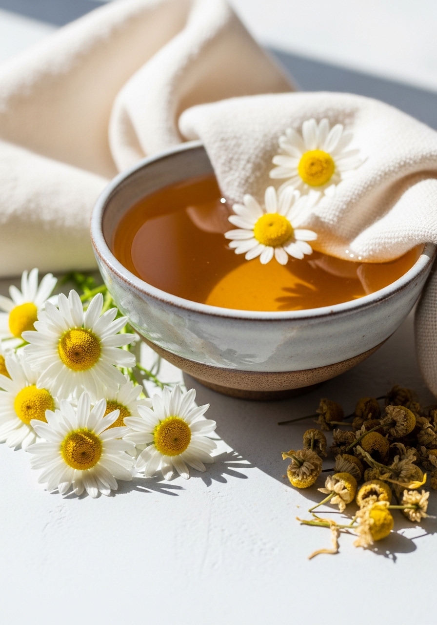 Chamomile tea prepared for use as a skin compress