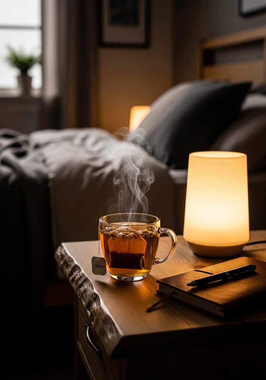 A cup of chamomile tea on a bedside table as part of an evening wind-down routine