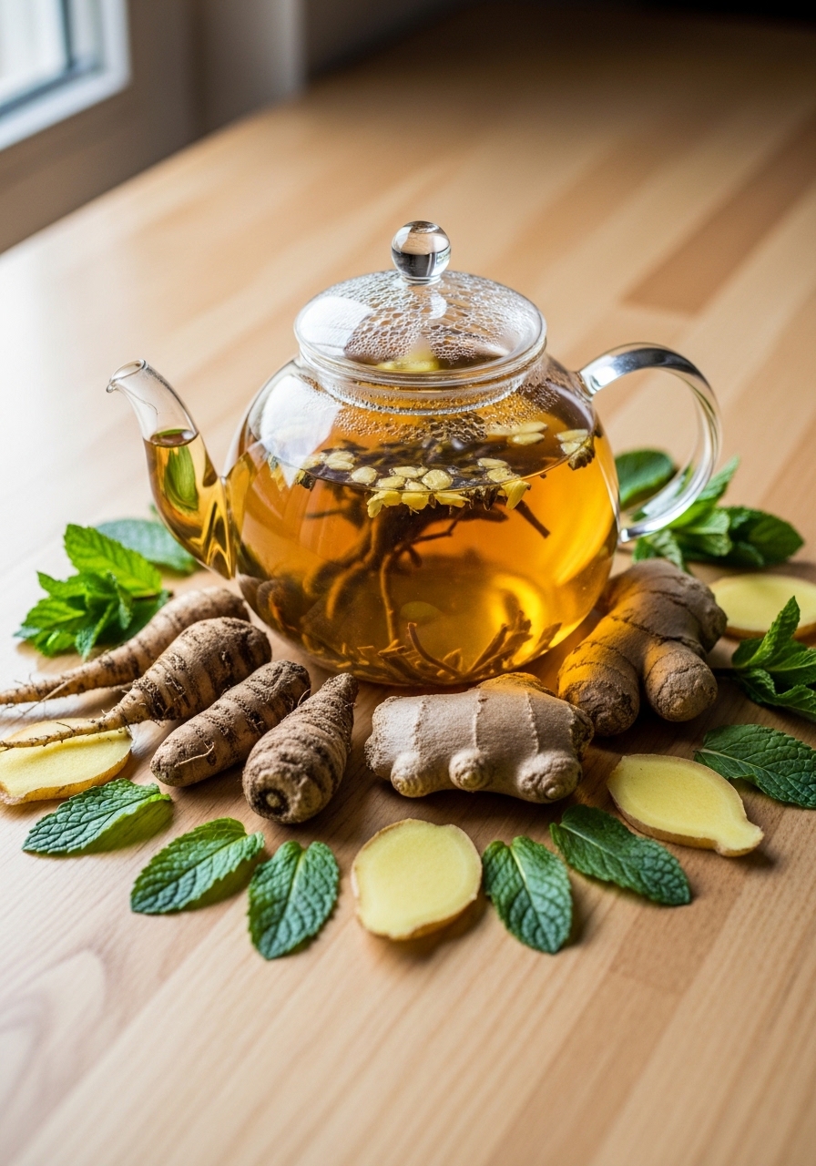 Dandelion root, ginger, and peppermint arranged around a teapot