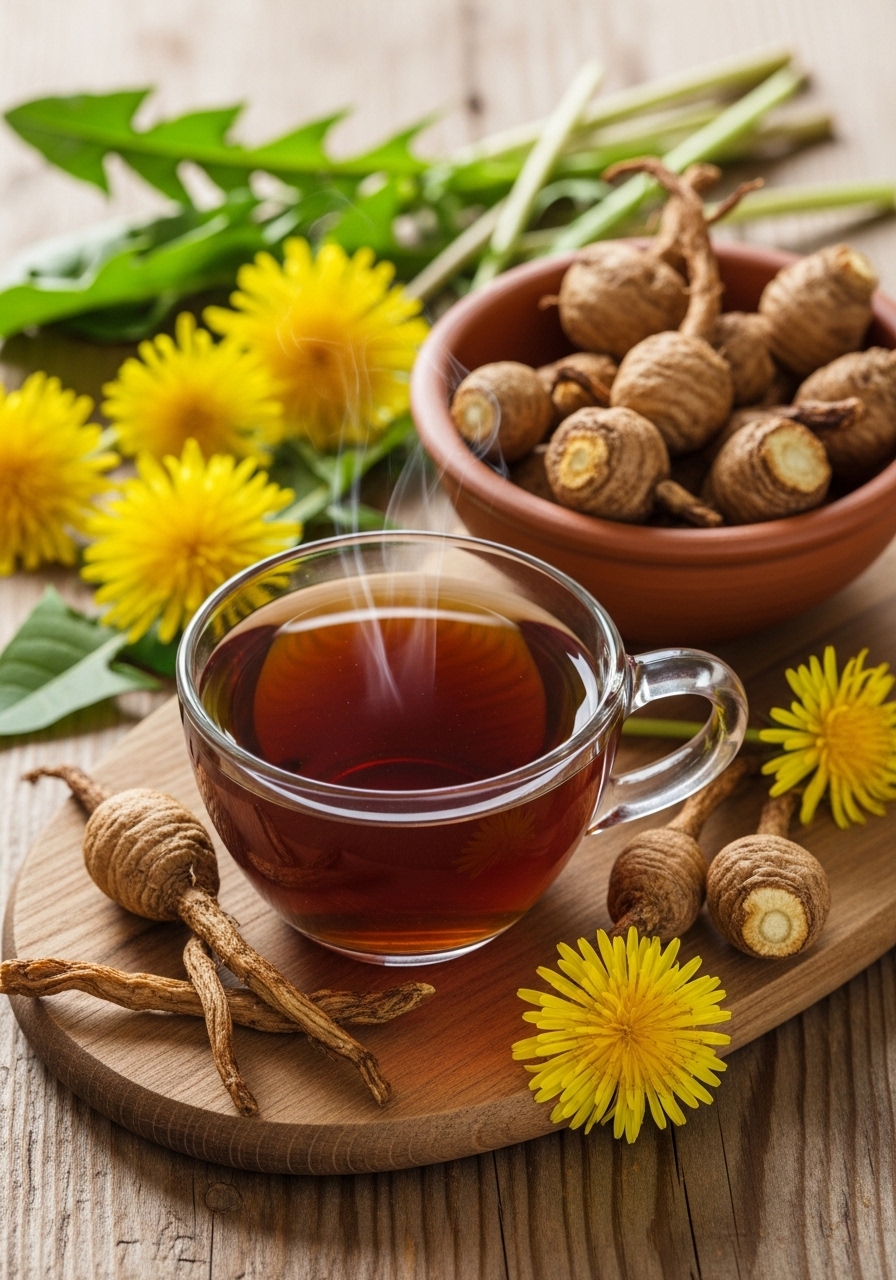 Roasted dandelion root with a cup of dandelion tea and fresh flowers