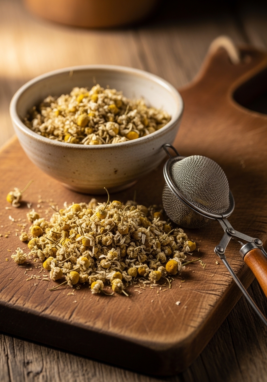 Dried chamomile flowers on a wooden board with a tea strainer