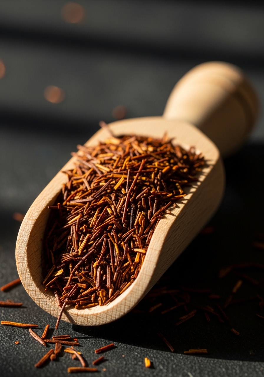 Dried rooibos tea leaves in a wooden scoop
