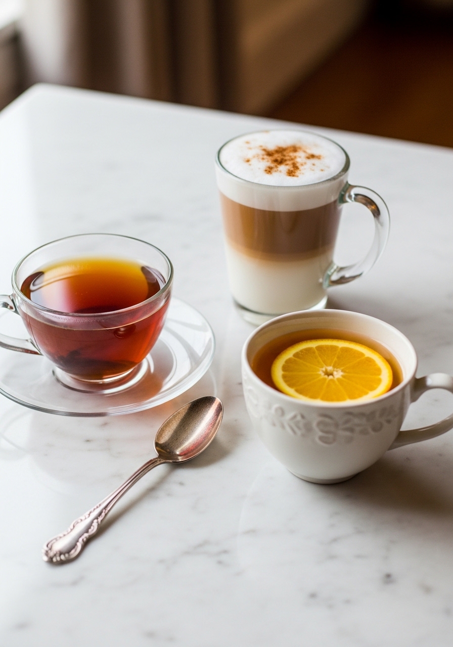 Three Earl Grey tea variations in elegant cups