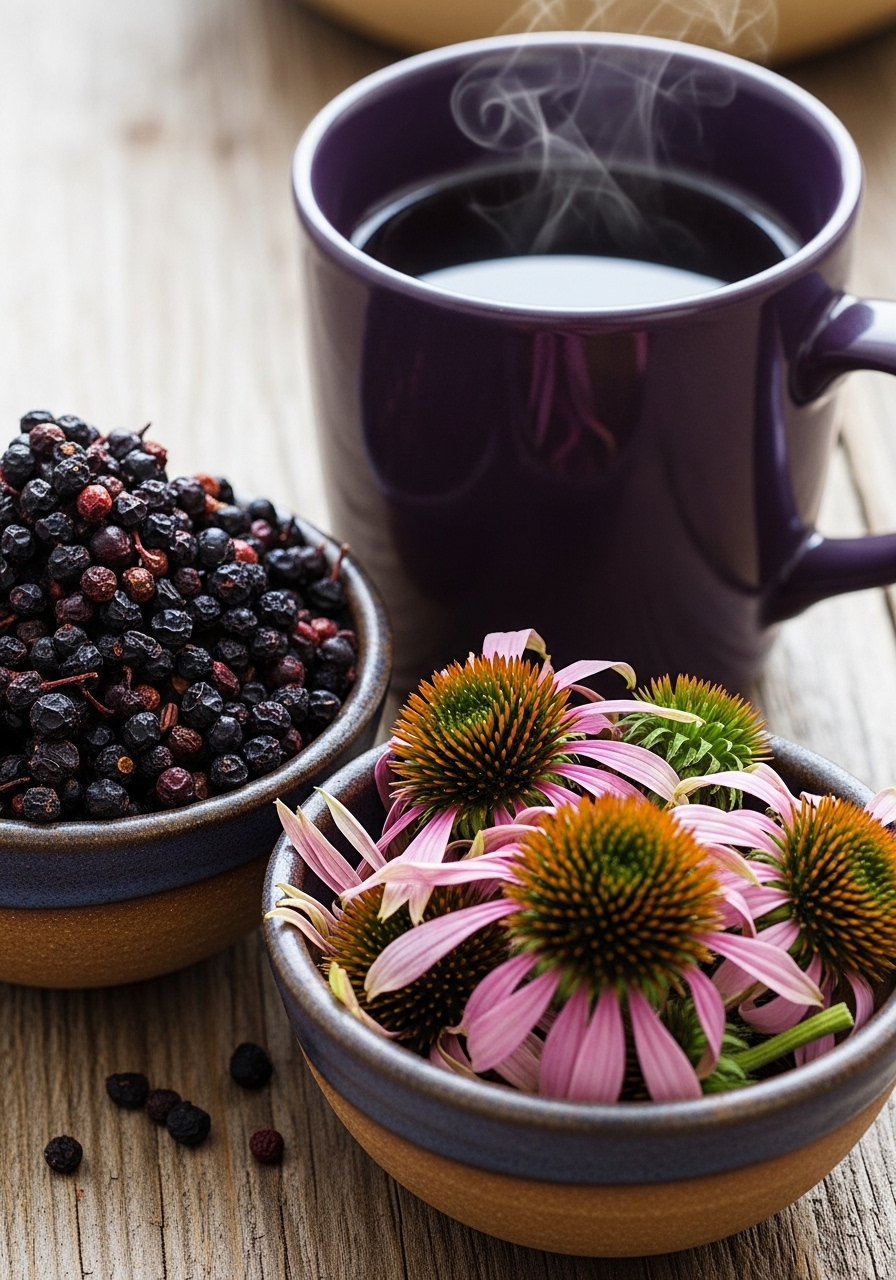 Dried elderberries and echinacea flowers with a cup of elderberry tea