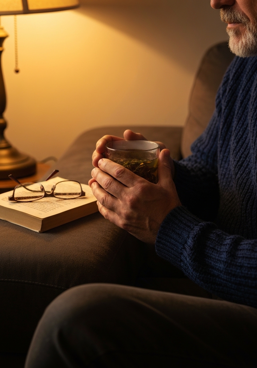 Relaxing with a mug of herbal tea as part of an evening sleep routine