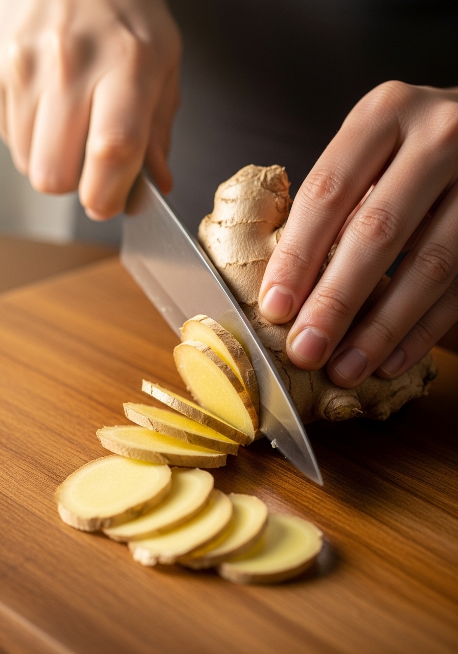 Slicing fresh ginger root for tea