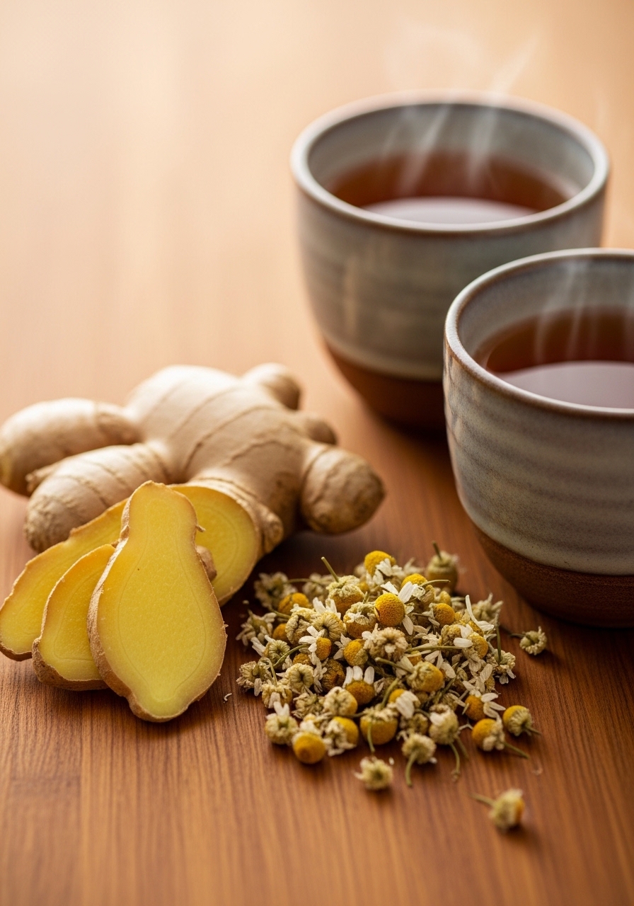 Fresh ginger and chamomile flowers with brewed cups of tea