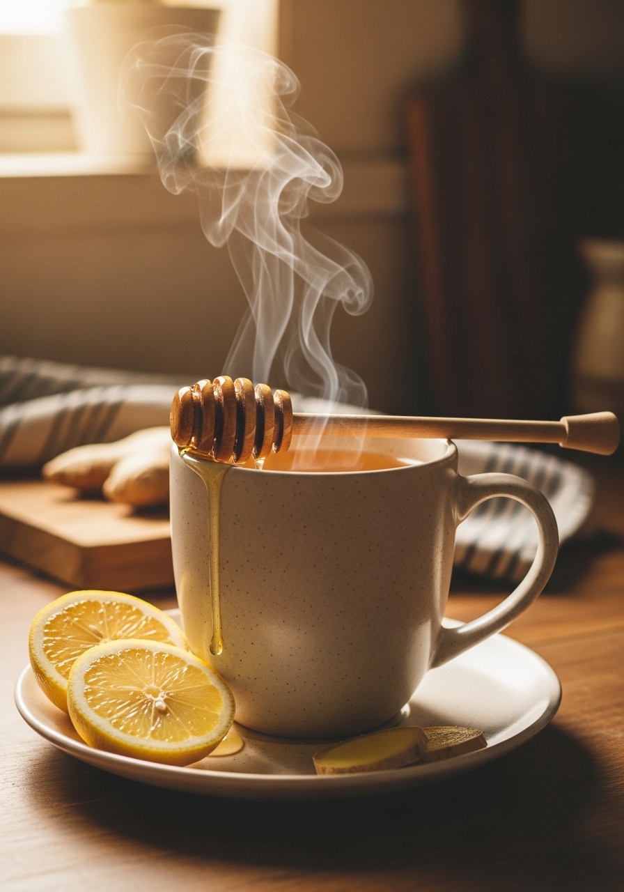 Ginger tea with honey and lemon slices for nausea relief