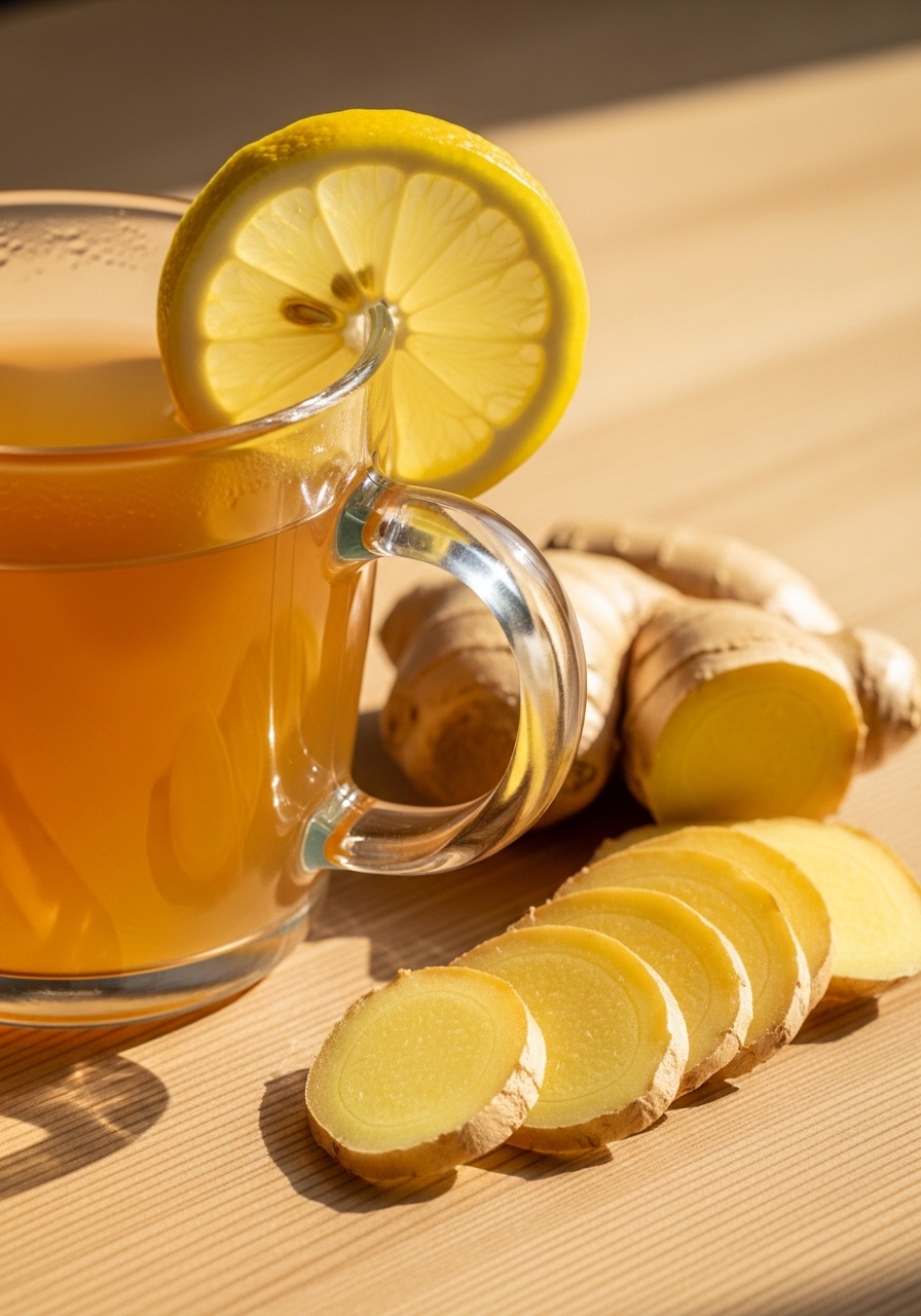 Fresh ginger root and a cup of golden ginger tea with lemon
