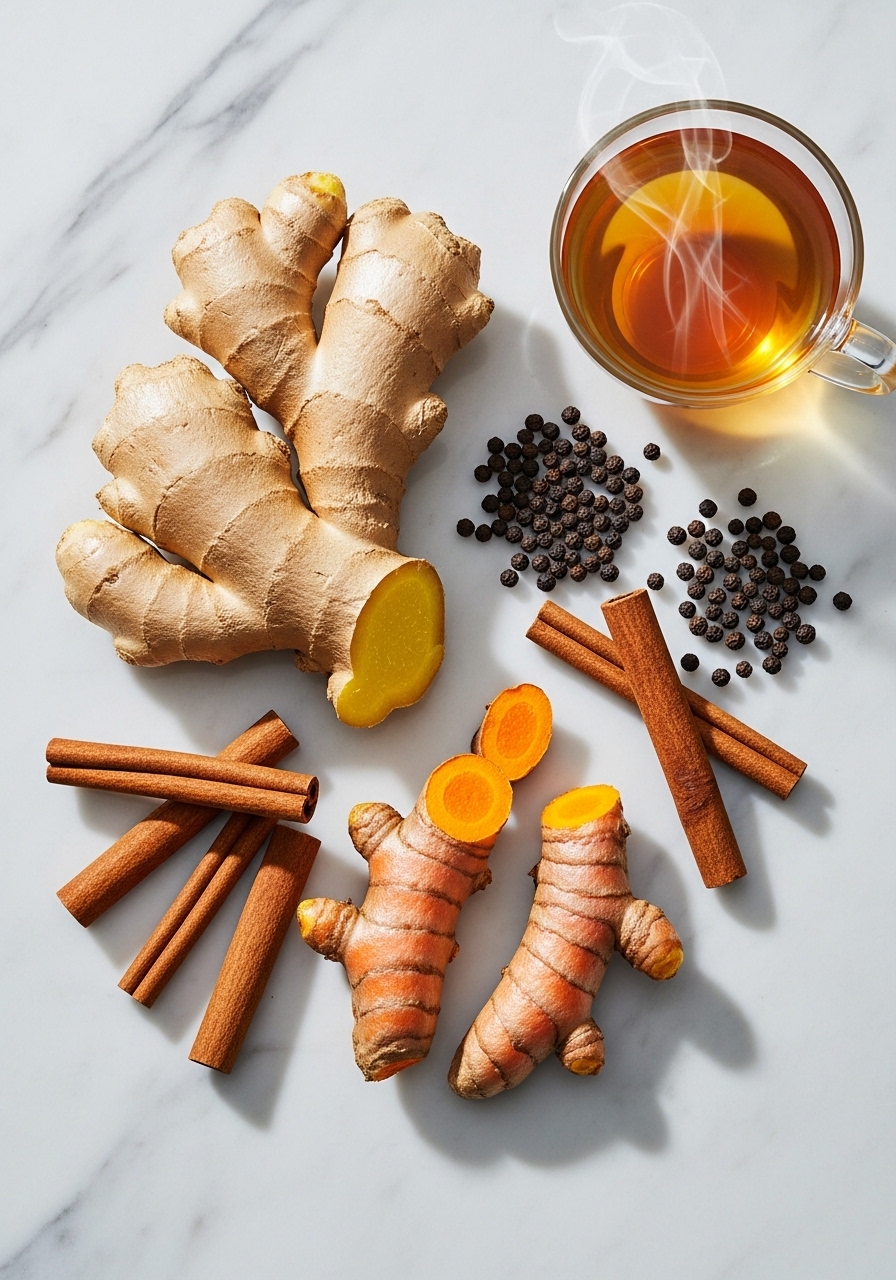Ginger, turmeric, cinnamon, and peppercorns for anti-inflammatory tea