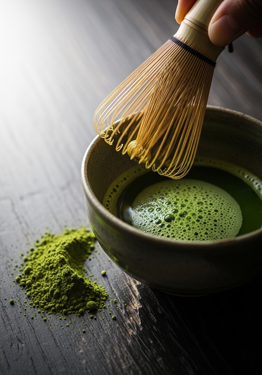 Green tea being whisked in a traditional bowl with loose tea leaves