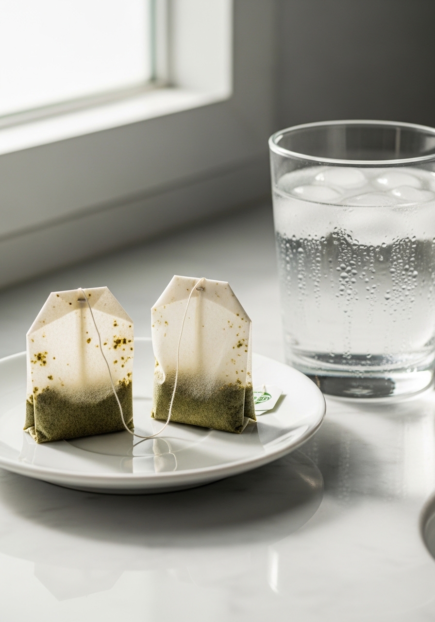 Chilled green tea bags ready to use as an eye compress