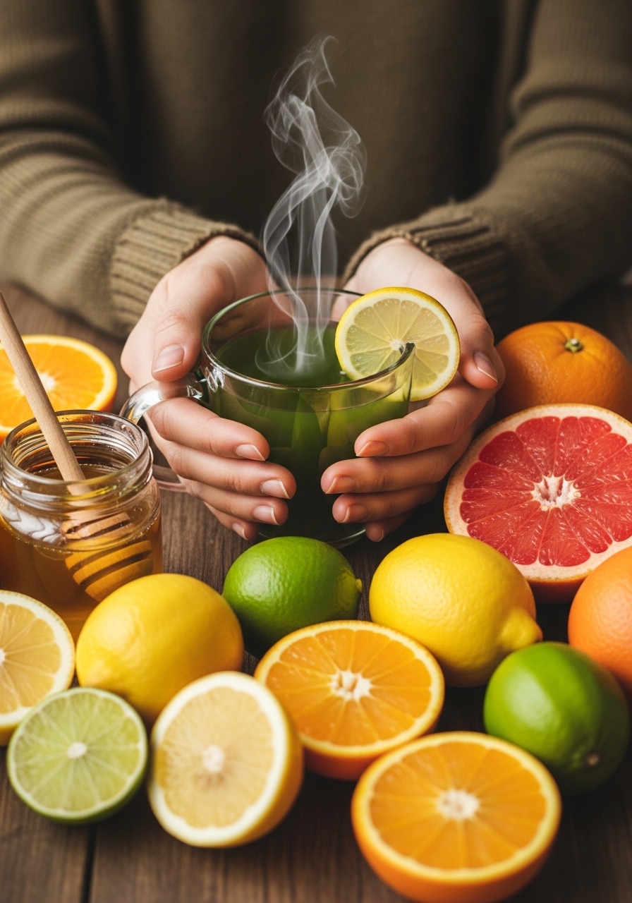 Hands holding green tea with lemon, honey, and citrus nearby