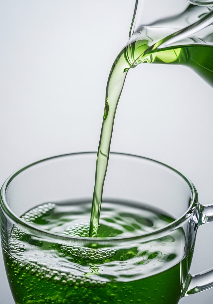 Bright green tea being poured into a clear cup