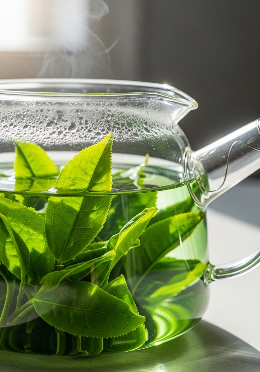 Green tea leaves steeping in a clear glass teapot