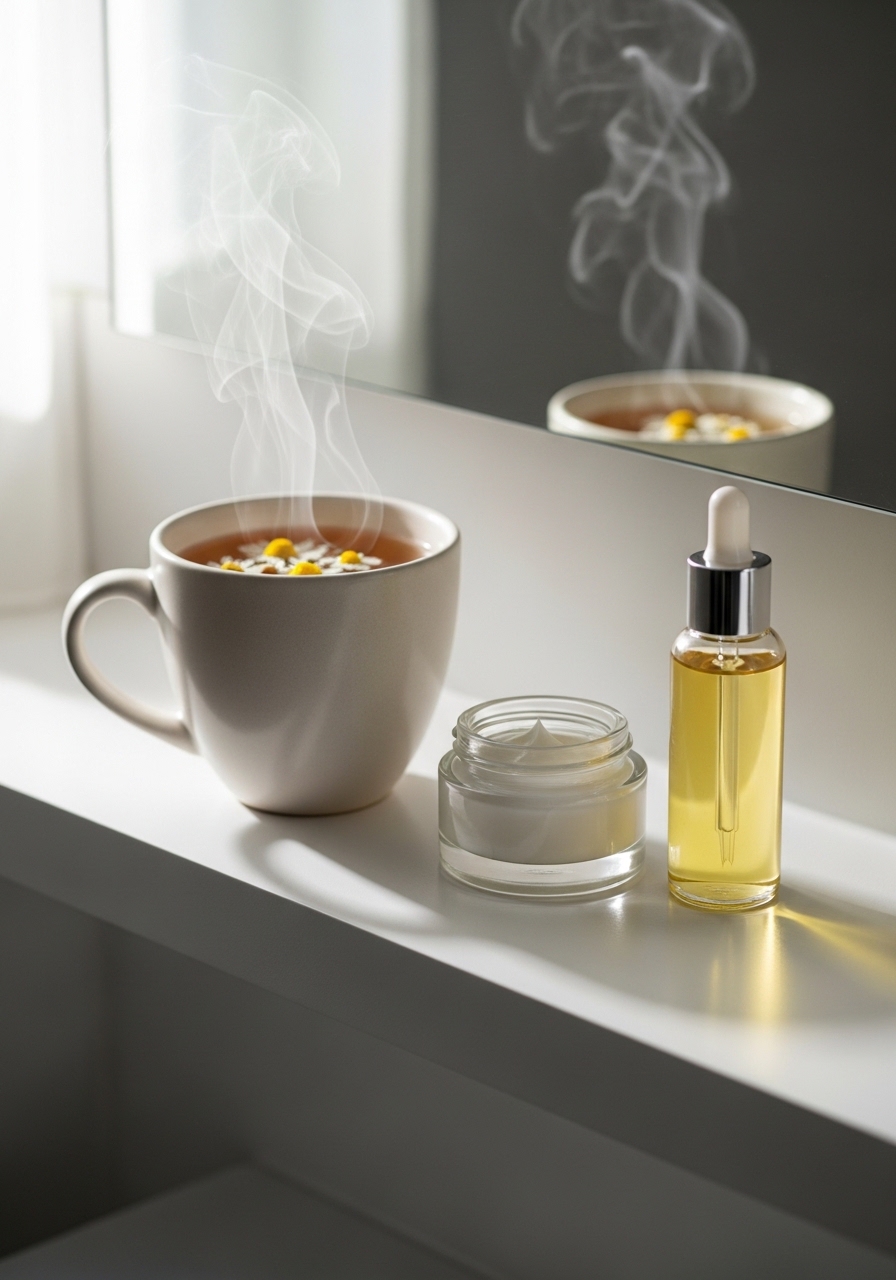 Chamomile tea alongside natural skincare products in a bathroom