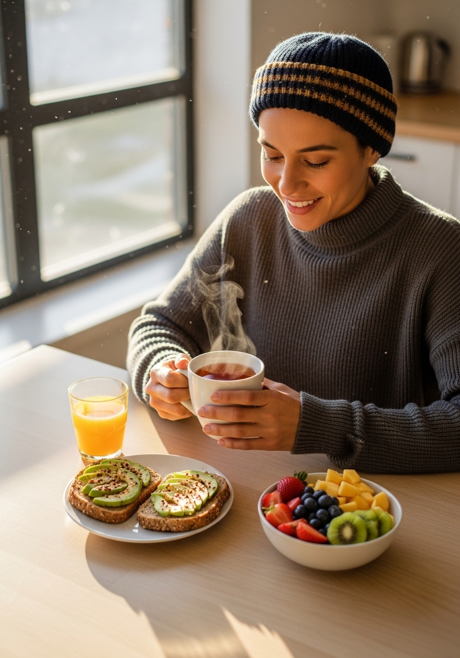 Enjoying black tea as part of a healthy morning routine with breakfast
