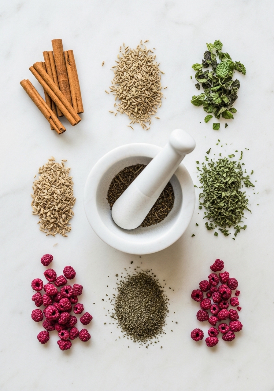 Dried herbs for a menstrual relief tea blend - cinnamon, fennel, and peppermint