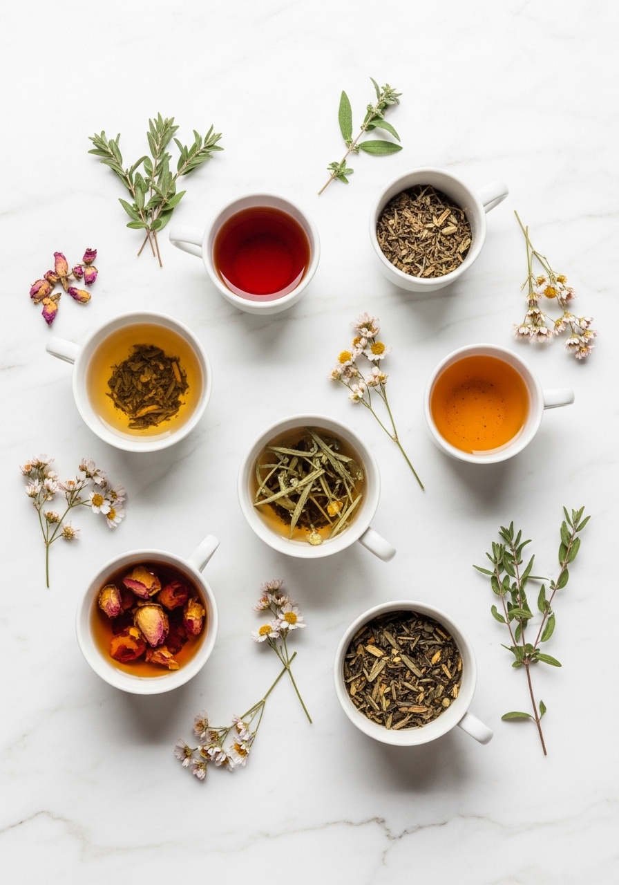 Assortment of different herbal teas in small white cups