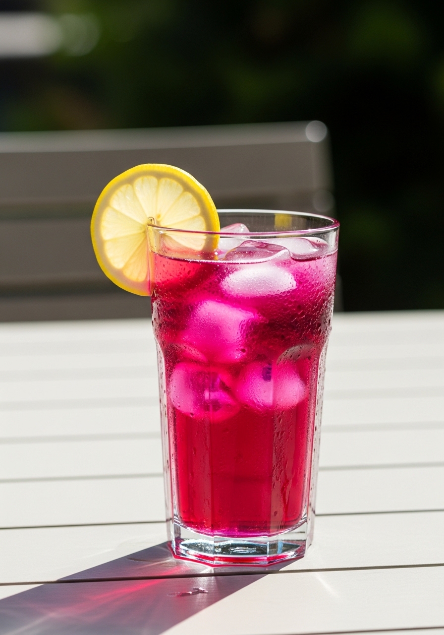 A glass of iced hibiscus tea with lemon on a summer table