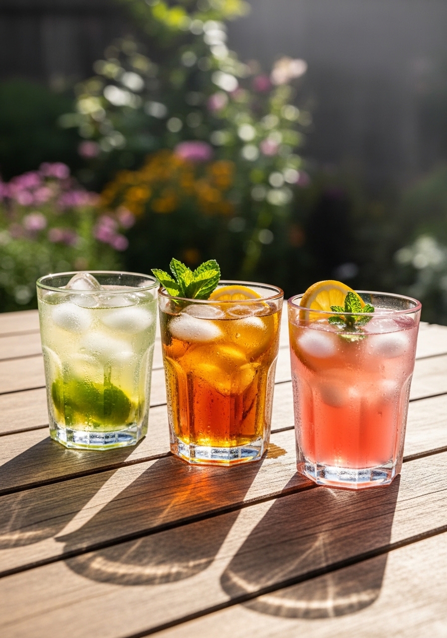 Three glasses of different cold-brewed iced teas on a summer table
