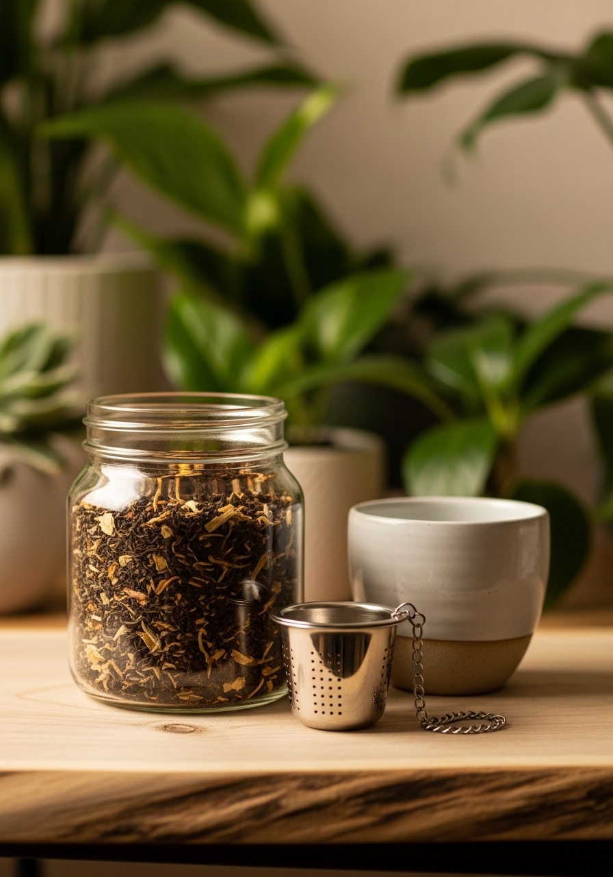 Loose leaf tea in a glass jar with a reusable metal infuser