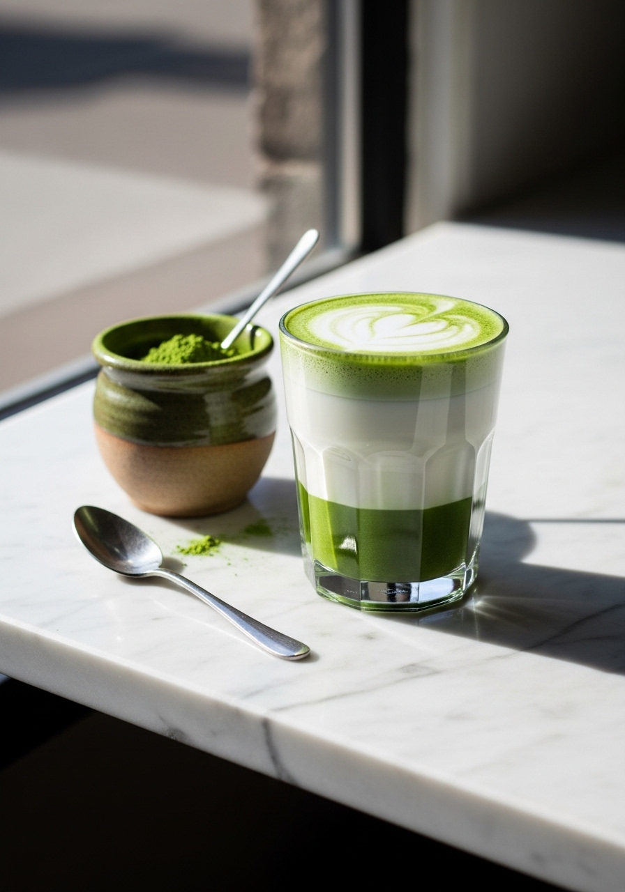 A layered matcha latte on a cafe counter