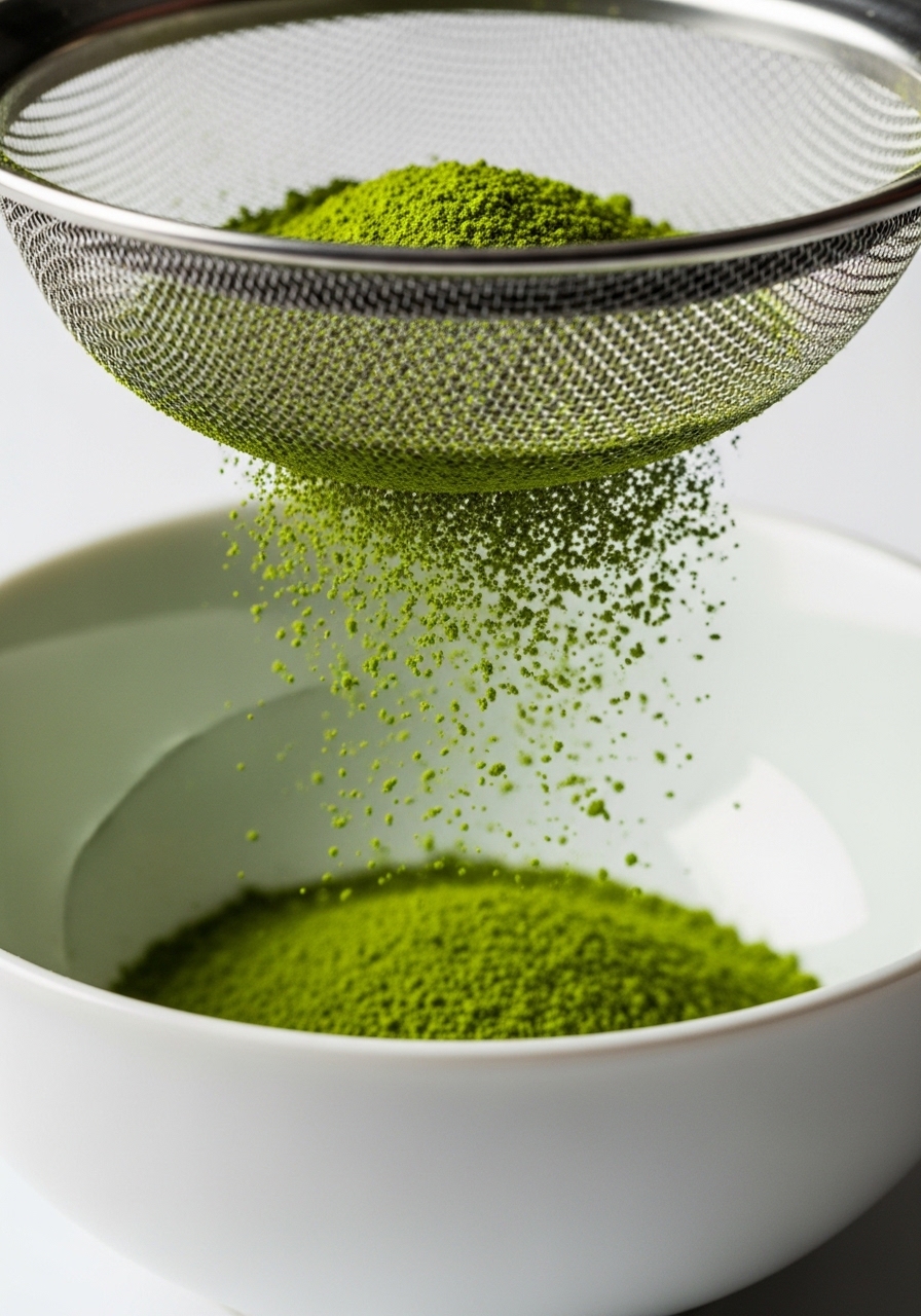 Sifting matcha powder through a fine strainer