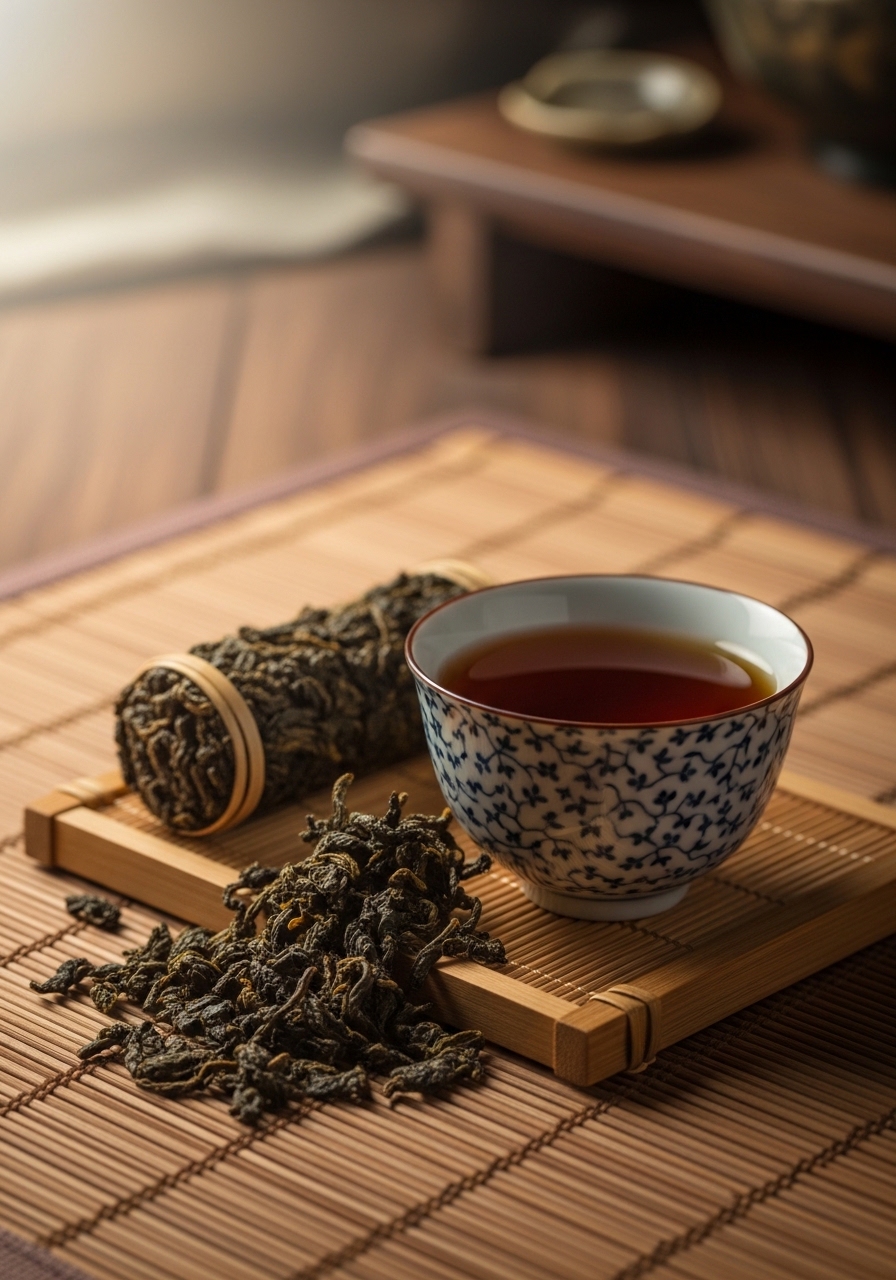 Oolong tea in a traditional cup with rolled tea leaves