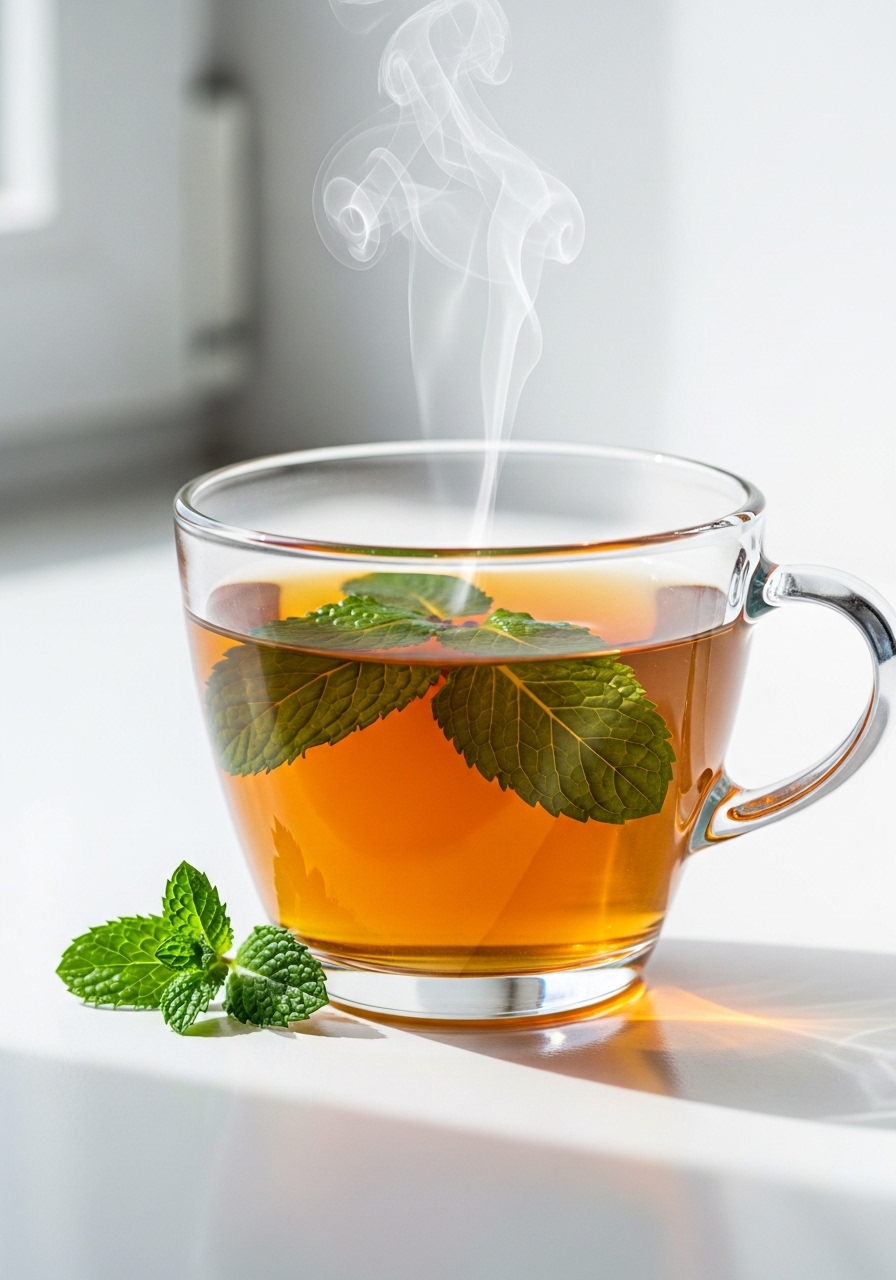 A clear cup of peppermint tea with fresh mint leaves