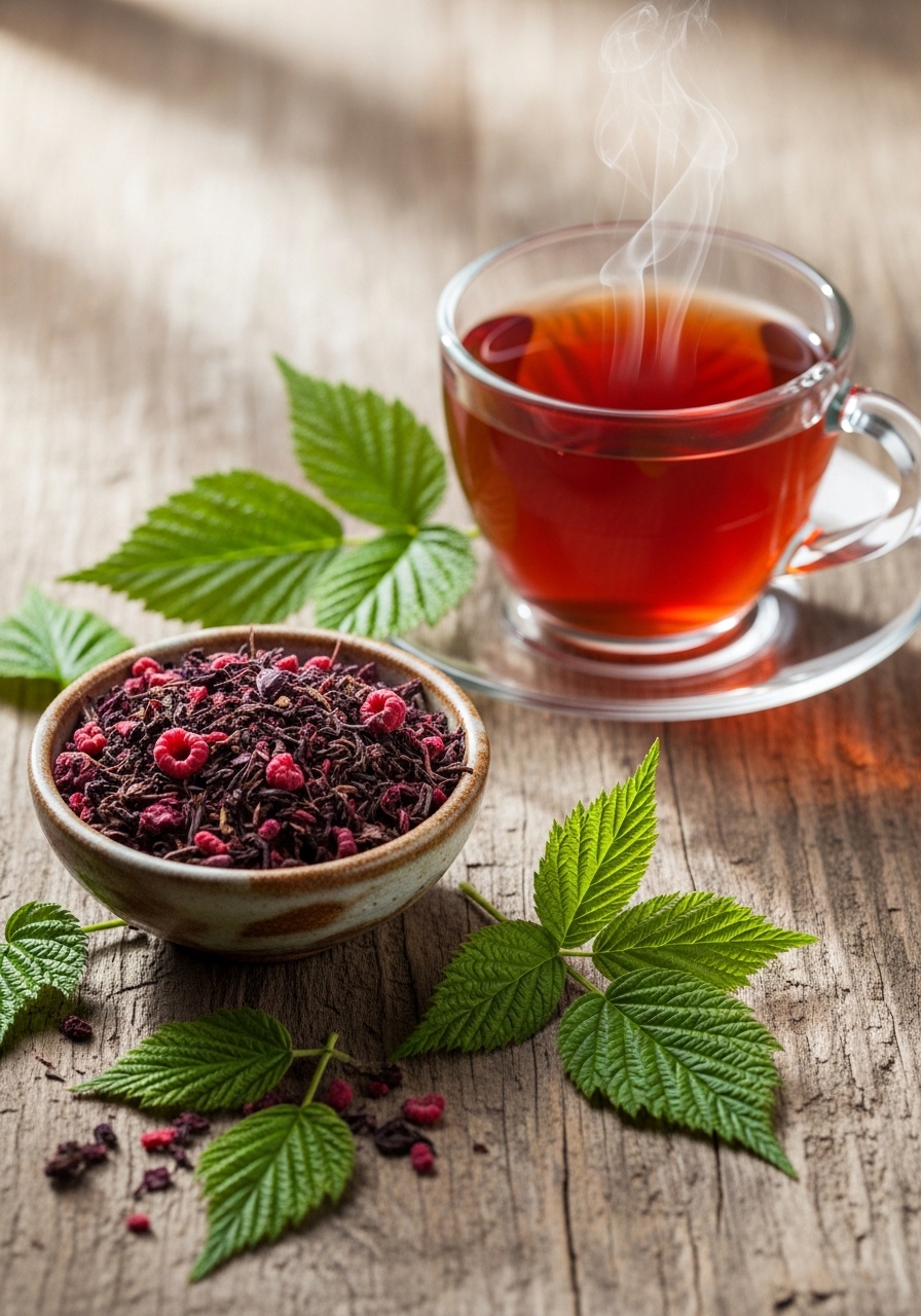 Dried raspberry leaf tea and a brewed cup of raspberry leaf tea