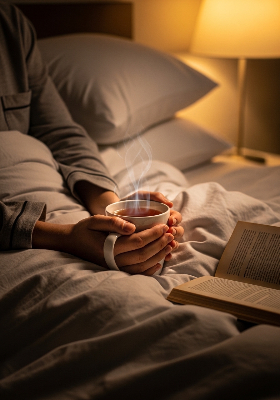 Holding a warm mug of chamomile tea in bed as part of an evening sleep routine