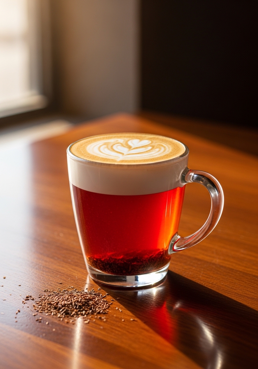 A rooibos latte showing layers of red tea and steamed milk