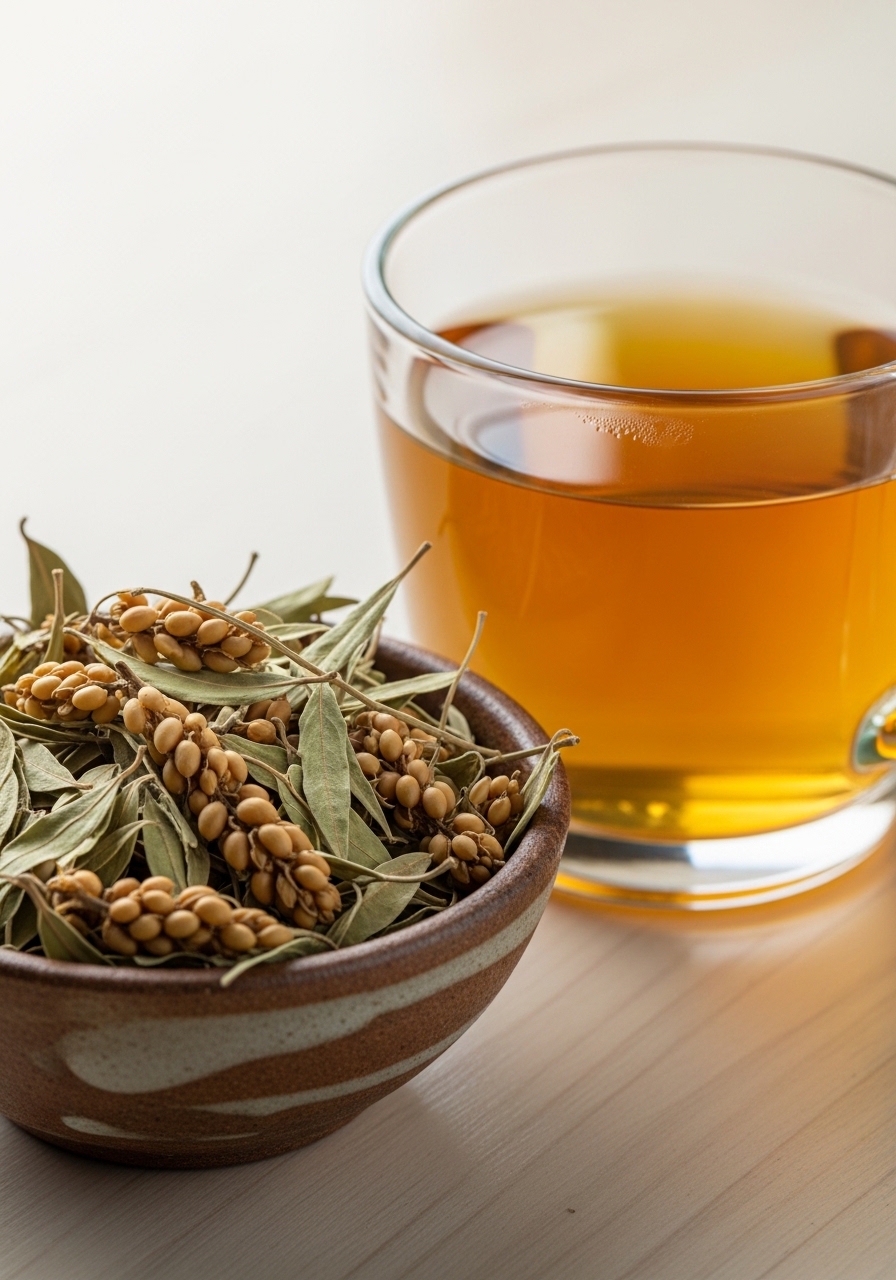 Dried senna leaves and a brewed cup of senna tea