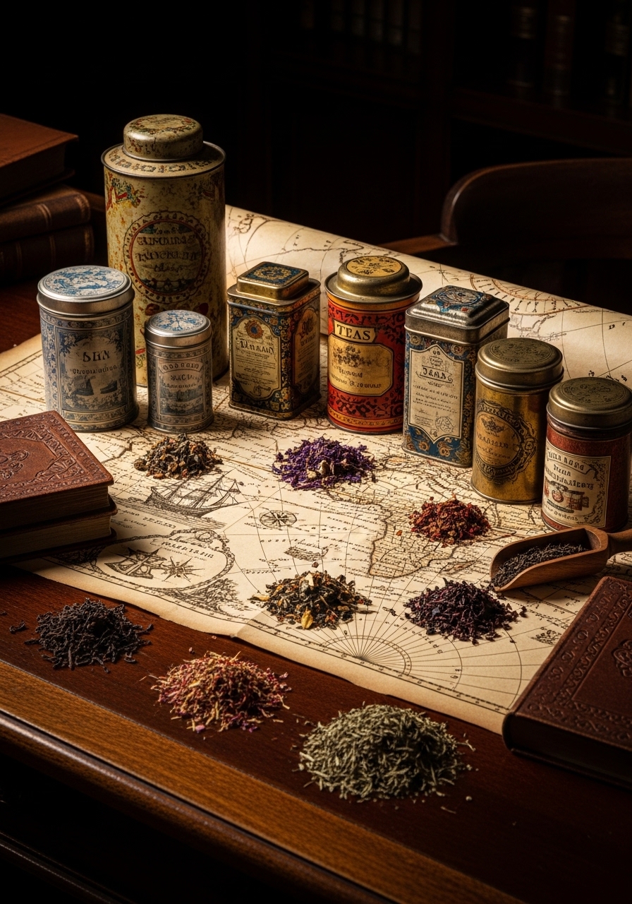 Antique tea canisters and vintage map suggesting the global tea trade