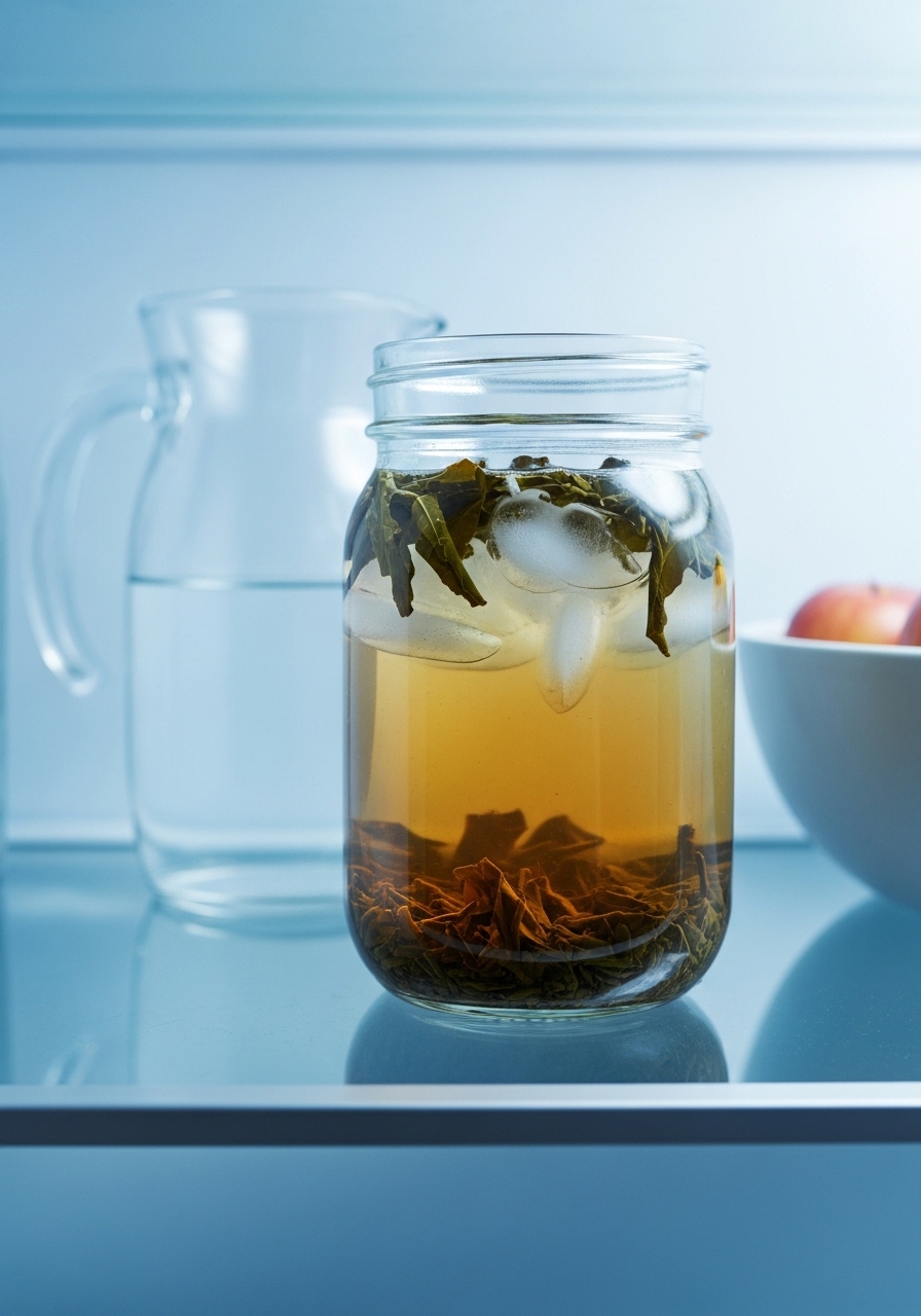 Loose leaf tea steeping in cold water inside a refrigerator
