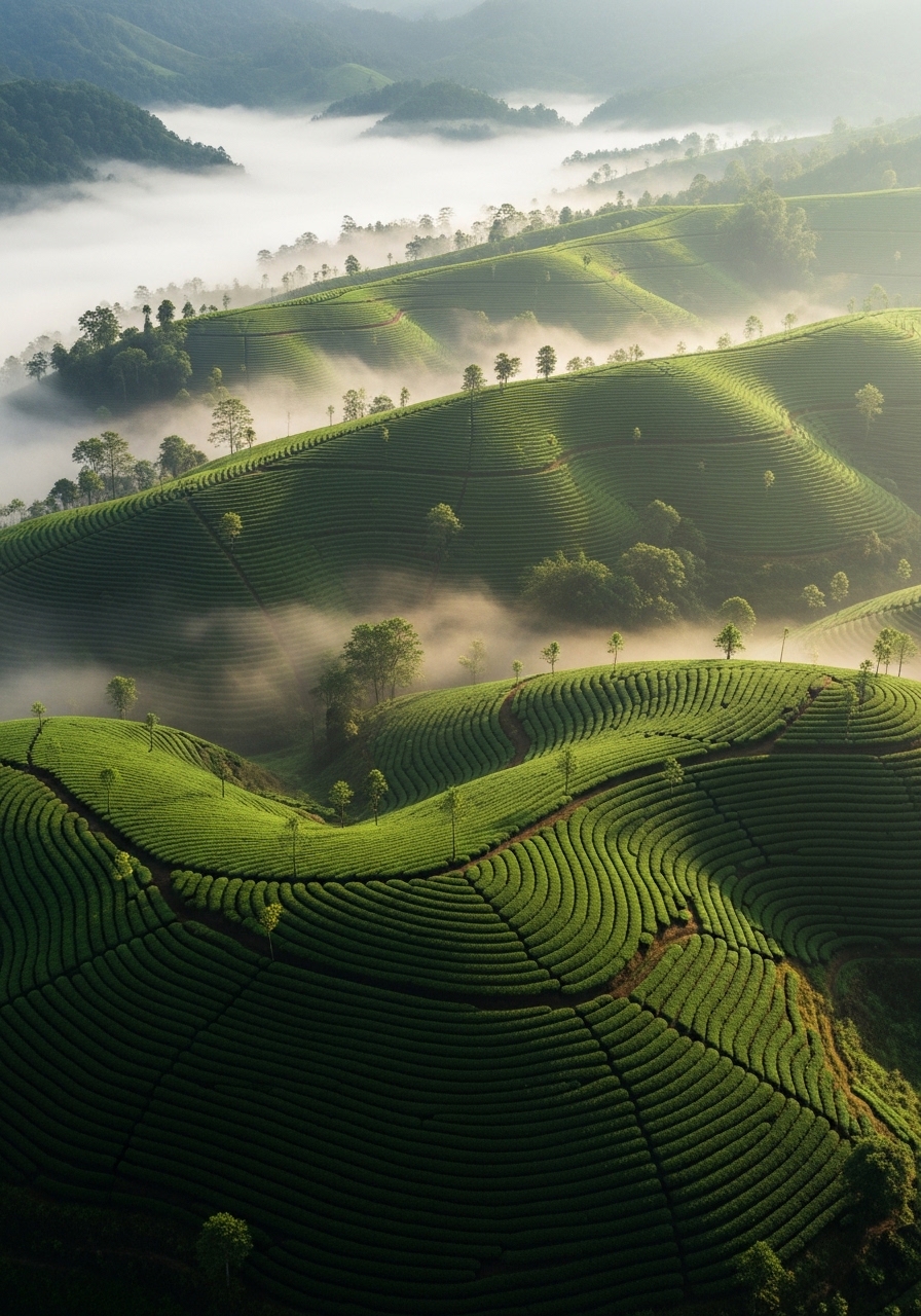 Terraced tea plantations on misty green hillsides