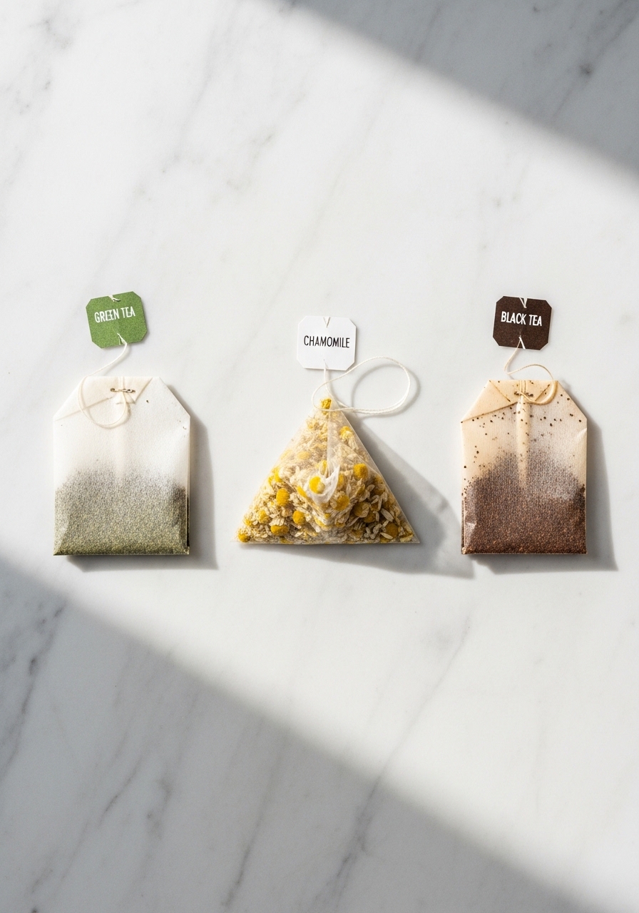 Green tea, chamomile, and black tea bags for treating puffy eyes