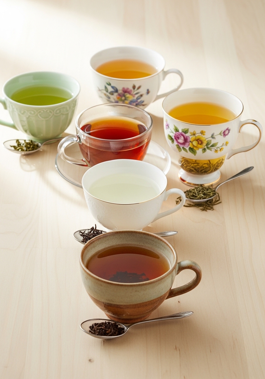 Five different types of tea lined up showing variety of colors and types