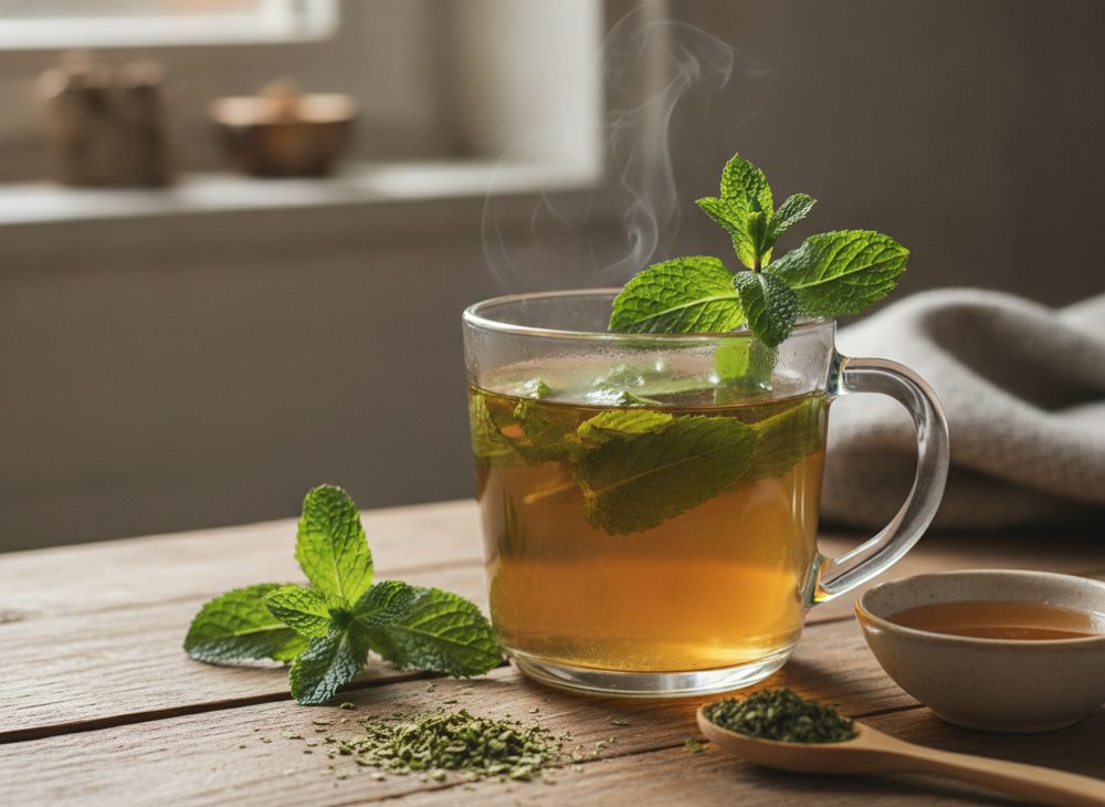 Fresh peppermint tea with mint leaves for dry cough relief